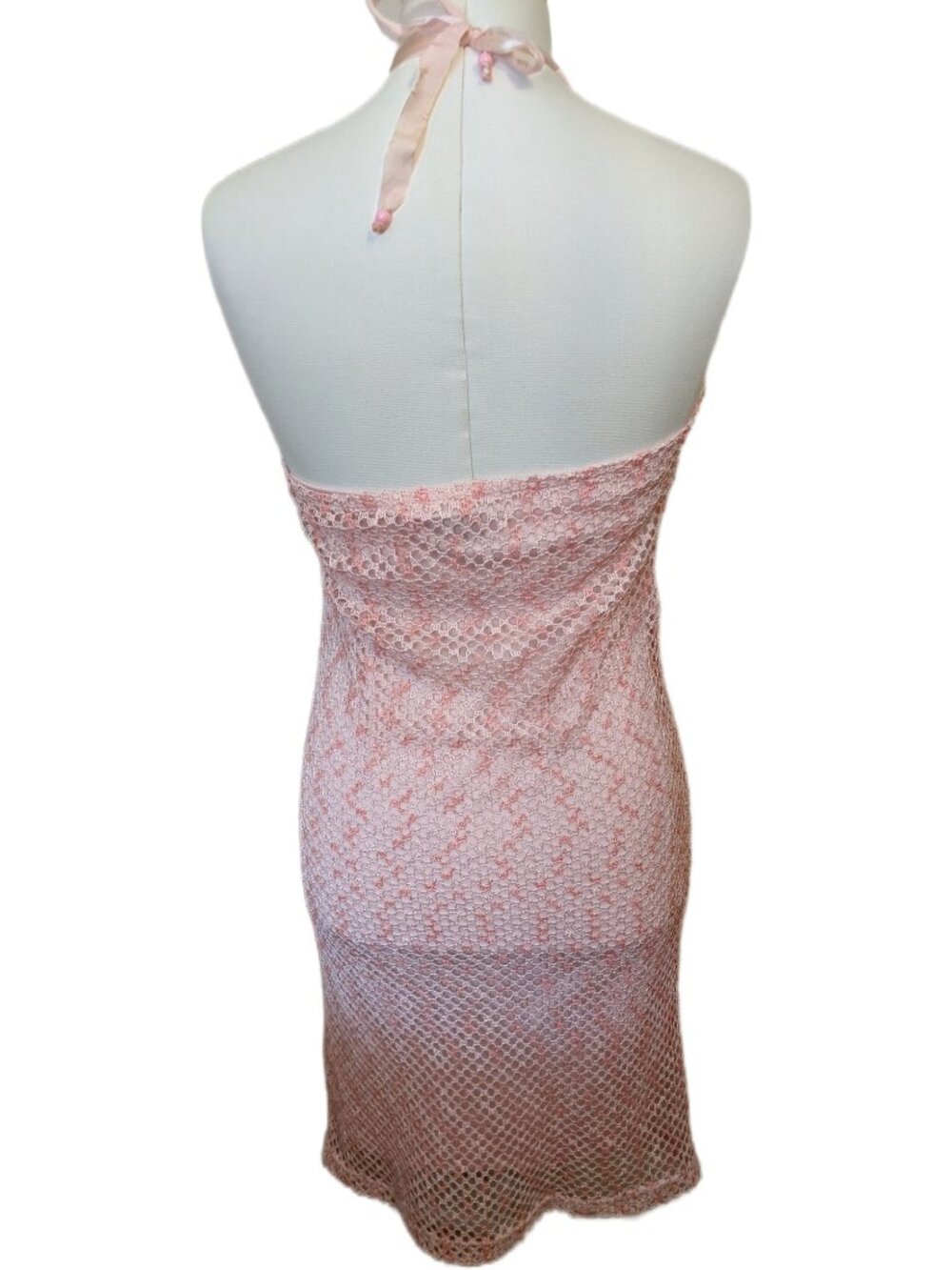 Vintage Y2K Pink Crochet Mesh Overlay Halter Bodycon Midi Dress Fairy Coquette S - Picture 6 of 9